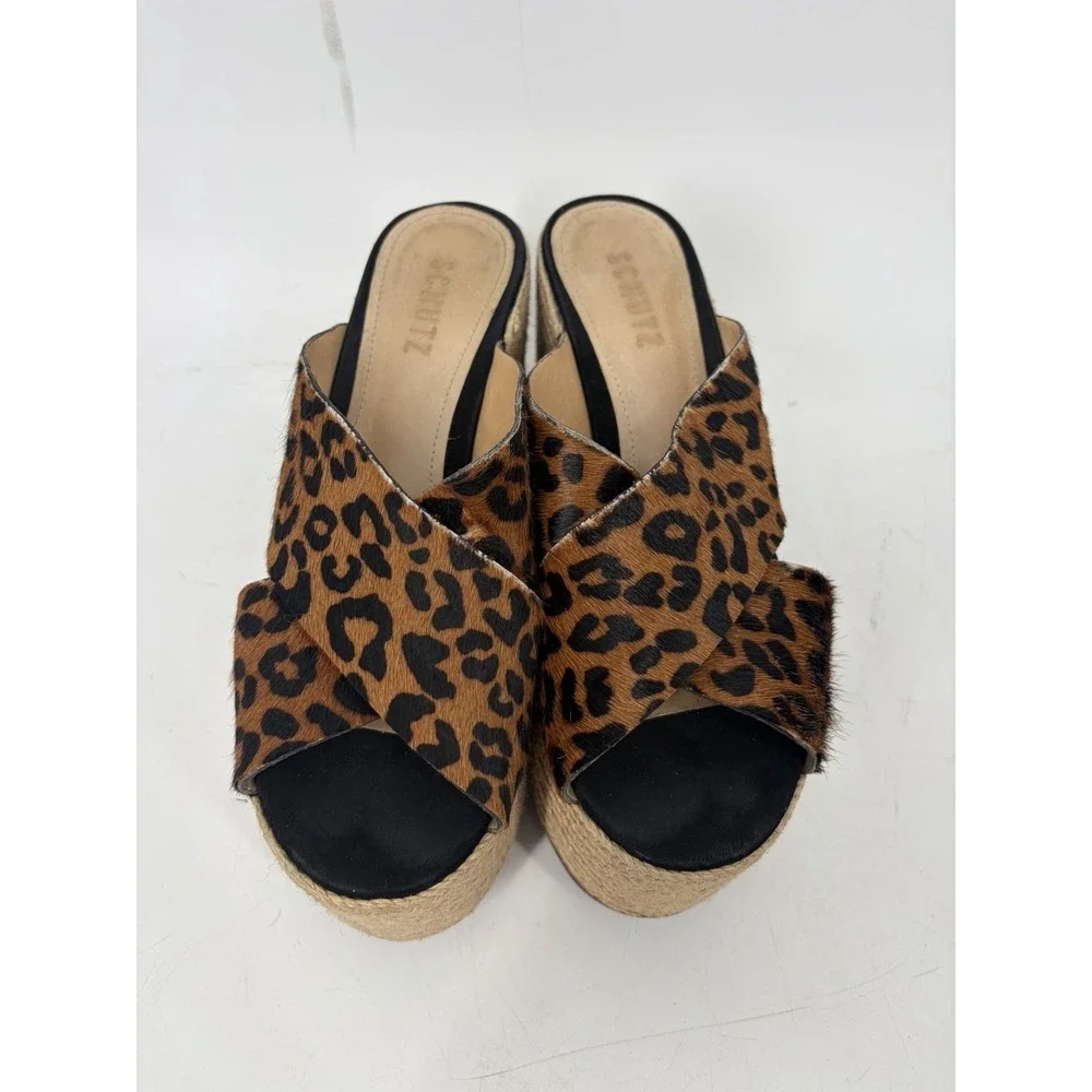 Schutz Lora Leopard Calf Hair Platform Espadrille Mule Heels Womens 7 Chunky